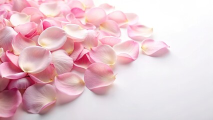Fototapeta premium Soft pink rose petals delicately scattered on a white background