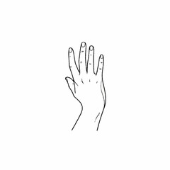 Fototapeta premium Simple line drawing of a human hand with four fingers extended upwards.