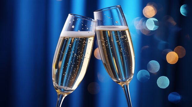Two champagne flutes clinking with bubbles against a blue background with bokeh lights - Powered by Adobe