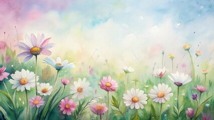 A serene spring meadow with white and pink daisies painting in watercolor style