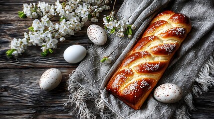 Easter scene featuring a braided bread loaf, decorated eggs, and blossoms on rustic wood