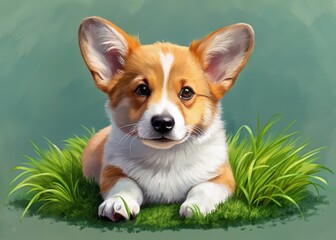Corgi Puppy Lying on Green Grass