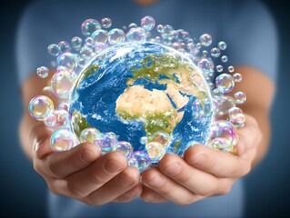 Earth globe cradled in hands, surrounded by soap bubbles, creating a protective, hopeful metaphor