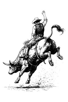 Cowboy riding a bucking bull in a rodeo competition sketch illustration, vector isolated on transparent background