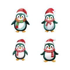 Adorable penguins in festive Santa hats and scarves on white 