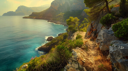 Scenic coastal mountain trail overlooking turquoise waters