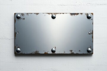 A weathered metal signplate with a brushed finish, secured by bolts, mounted on a textured wall.