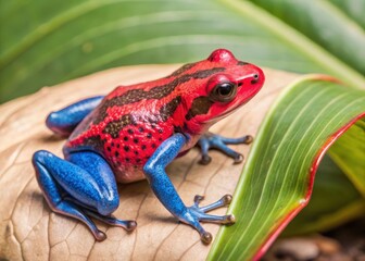 Brightly colored poison dart frog perched on a large leaf in the midst of a lush rainforest canopy