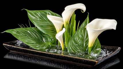 Elegant calla lilies and lush green leaves artfully arranged in a dark rectangular dish