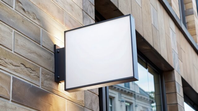 A blank square signboard mockup placed on a stone wall exterior with an empty space for a shop logo