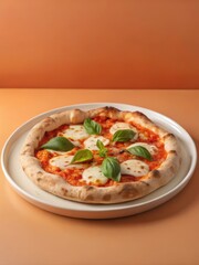 Freshly baked pizza on a white plate with melted mozzarella cheese and herbs