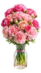 Beautiful bouquet of pink carnations and roses isolated on white background