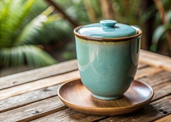 Ancient blue ceramic cup with a bamboo lid rests on a wooden table against a neutral background