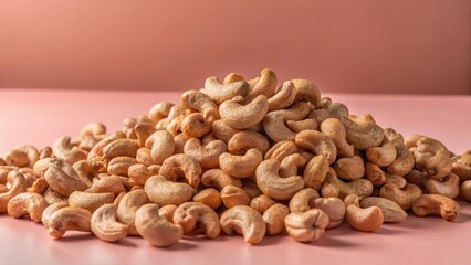 Roasted cashews piled high on a white surface