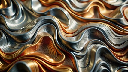 Metallic silver background with swirling patterns of gold and bronze