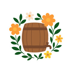 A wooden barrel adorned with cheerful flowers and lush green leaves