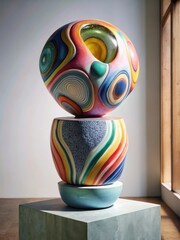 Colorful abstract ceramic sculpture on pedestal in art gallery under natural light