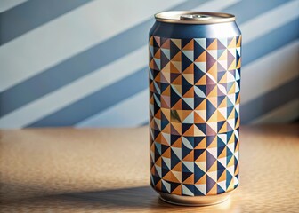 Colorful soda can with geometric patterns on a gradient background in shades of blue and orange