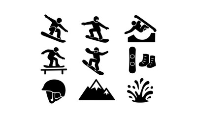 Collection of snowboarding icons featuring winter sports activities, gear, and elements