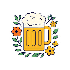 Stylized illustration of a beer mug adorned with flowers and lush greenery