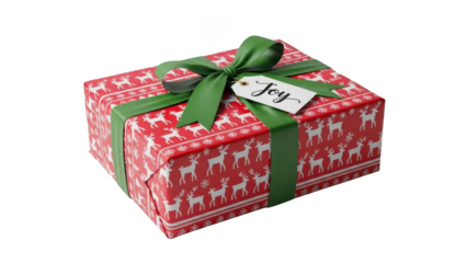 Red and green gift box with deer pattern isolated on transparent background