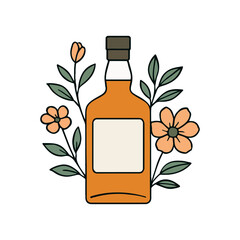 Stylized illustration of a glass bottle framed by delicate floral elements