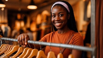 Smiling woman shops in boutique store. Boutique shopping for Black Friday, cozy boutique style for holiday gifts, confident woman near clothing rack, warm interior concept, autumn fashion mood