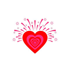Vibrant red heart with concentric pink layers and radiating pink sparkles, symbolizing love, joy, and celebration on a white background.