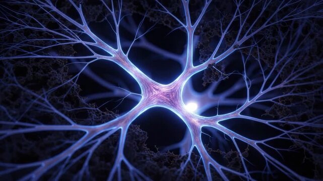 A glowing neuron cell with branching dendrites and axon on dark background
