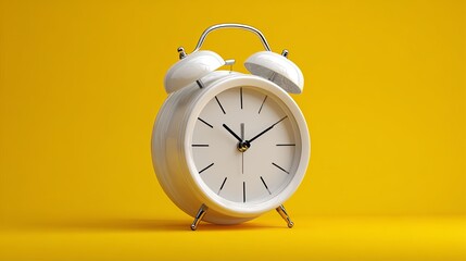 White Classic Alarm Clock on Yellow Background Time Management and Concepts.