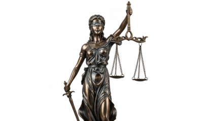 Statue of justice holding scales isolated on transparent background