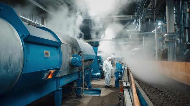 Medium shot of industrial drying equipment processing sewage sludge showcasing steam and mechanical handling in an ecofriendly waste treatment facility.