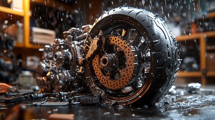 Shattered bike engine wheel.