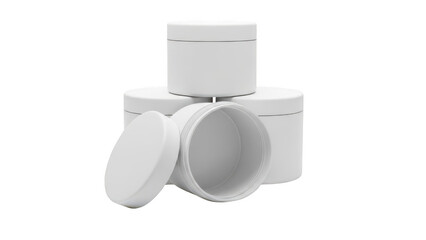 Three white cylindrical containers stacked and arranged in a triangular formation.