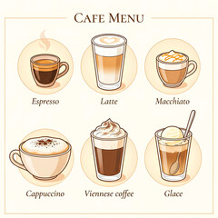 Obraz premium Cafe menu illustration featuring latte, espresso, macchiato, cappuccino, Viennese coffee, and glace coffee, clean flat style, modern design, isolated background, commercial beverage concept.