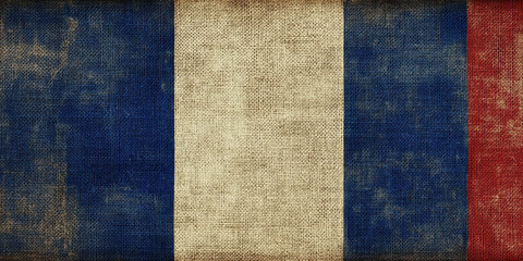 distressed french flag fabric texture background featuring wavy folds and vertical red white blue stripes