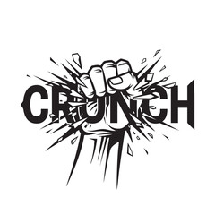 Obraz premium Powerful and bold clenched fist breaking through the word crunch