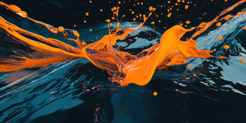 abstract orange fluid splash wave emerging from teal liquid with dynamic droplets and glossy texture on dark green background