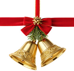 Two gleaming, ornate golden Christmas bells, crafted from polished metal and intricately detailed with embossed patterns, are gracefully suspended from a vibrant, isolated on transparent background.