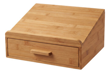 A bamboo book stand with a drawer for storing reading glasses and bookmarks.