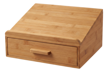 A bamboo book stand with a drawer for storing reading glasses and bookmarks.