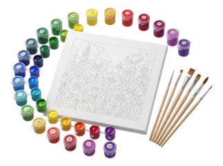 Number painting kits with canvas, paints, and brushes ideal for balcony use.