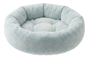 Round plush cat bed with raised edges for a cozy, private napping space.