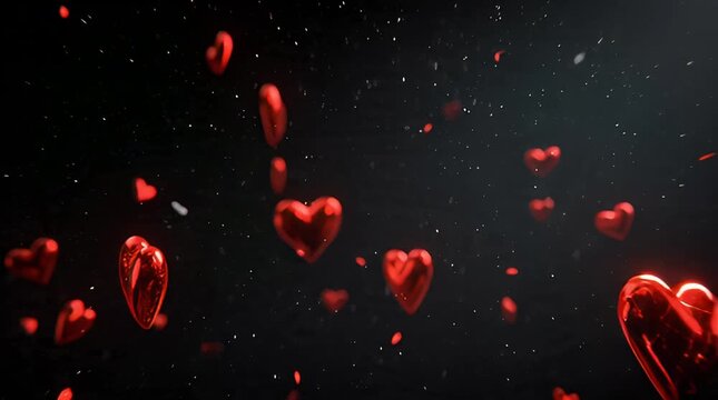 A captivating display of glossy red heart balloons gently ascending or descending in a dark, atmospheric setting, creating a dreamy and affectionate visual for heartfelt moments
