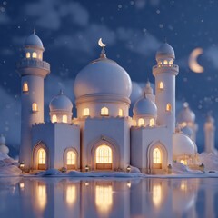 Islamic Mosque at Night with Crescent Moon, Soft, Serene, and Peaceful Scene for Ramadan or Eid Celebration