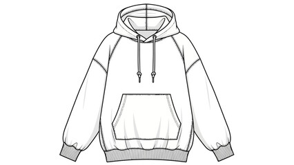 Oversized Raglan Sleeve Hoodie Fashion Flat Sketch with Kangaroo Pocket and Drawstrings Vector © Rishi