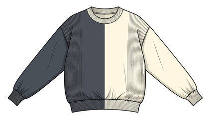 Two-Tone Oversized Sweatshirt Technical Sketch, Color Block Crewneck Pullover Fashion Flat Mockup, Urban Streetwear Template - Vector Illustration © Rishi