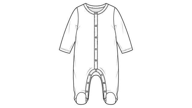 Baby Sleepsuit Onesie Fashion Flat Sketch with Snap Buttons and Footed Pajamas Vector