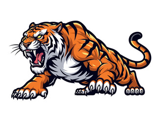 Obraz premium Powerful Bengal Tiger Mascot Crouching and Roaring Vector Illustration for Sports Teams