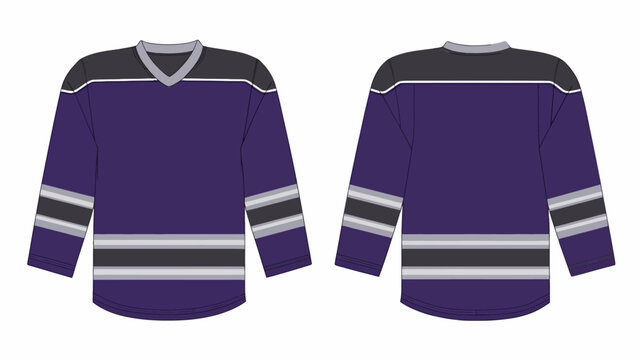 Blank ice hockey jersey template mockup in purple, grey, and black, front and back view of professional sports team uniform, long sleeve athletic apparel technical flat sketch.